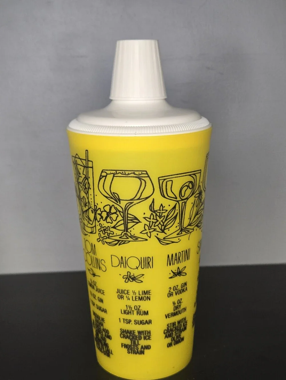 Vintage MCM 1960s Yellow Cocktail Shaker w Cap+ Strainer + Cocktail Recipes